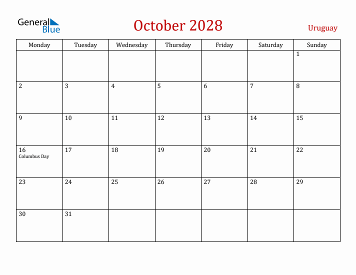 Uruguay October 2028 Calendar - Monday Start