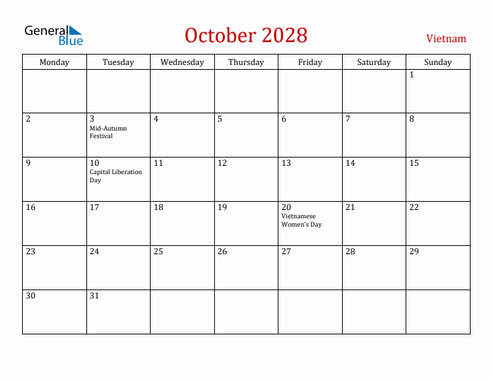 Vietnam October 2028 Calendar - Monday Start