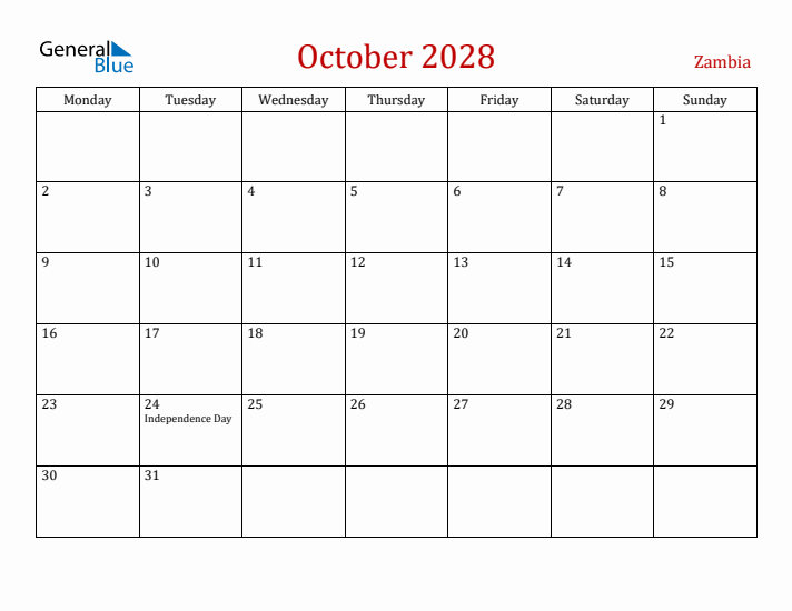 Zambia October 2028 Calendar - Monday Start
