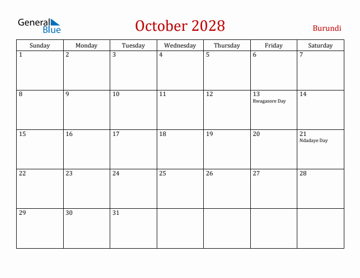 Burundi October 2028 Calendar - Sunday Start