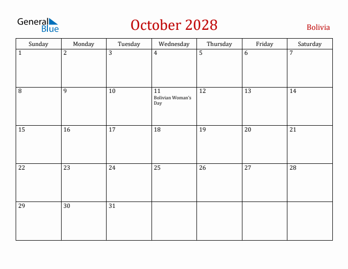 Bolivia October 2028 Calendar - Sunday Start