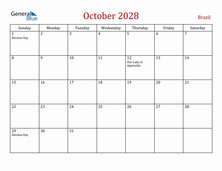 Brazil October 2028 Calendar - Sunday Start