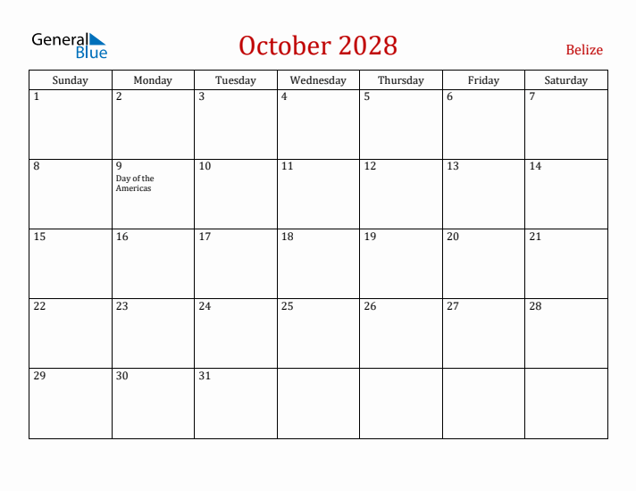 Belize October 2028 Calendar - Sunday Start
