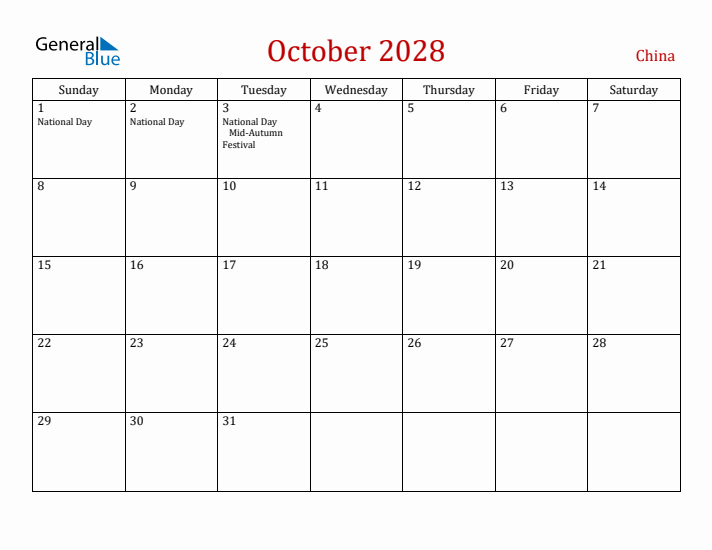China October 2028 Calendar - Sunday Start