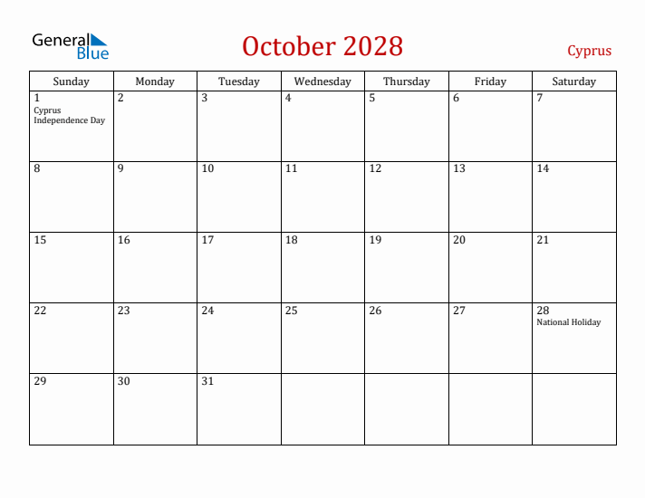 Cyprus October 2028 Calendar - Sunday Start