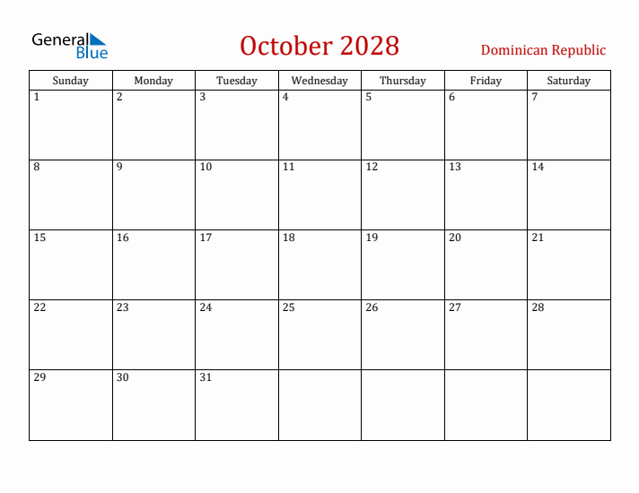 Dominican Republic October 2028 Calendar - Sunday Start