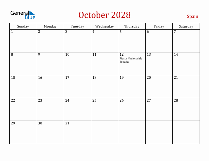 Spain October 2028 Calendar - Sunday Start
