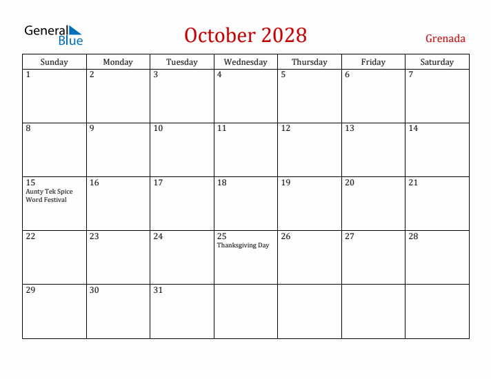 Grenada October 2028 Calendar - Sunday Start
