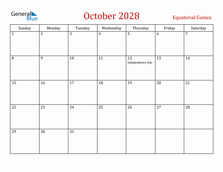Equatorial Guinea October 2028 Calendar - Sunday Start