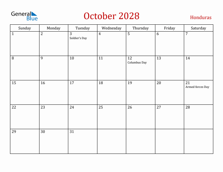 Honduras October 2028 Calendar - Sunday Start
