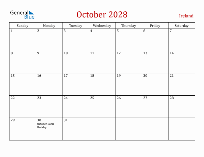 Ireland October 2028 Calendar - Sunday Start