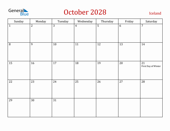 Iceland October 2028 Calendar - Sunday Start