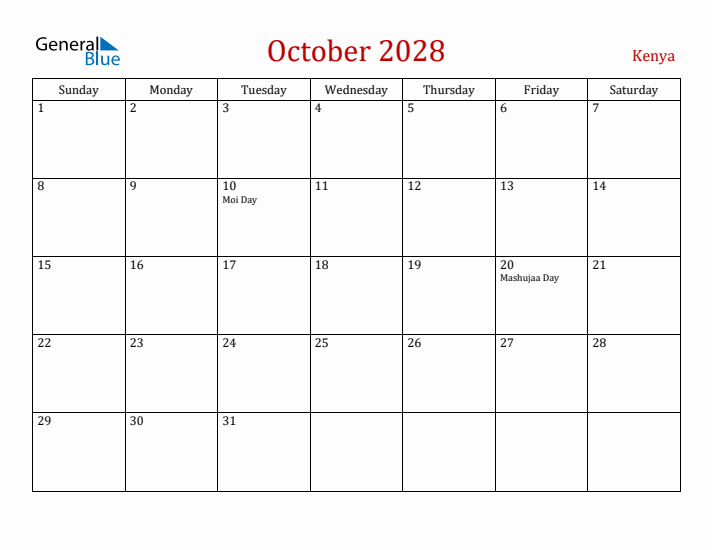 Kenya October 2028 Calendar - Sunday Start