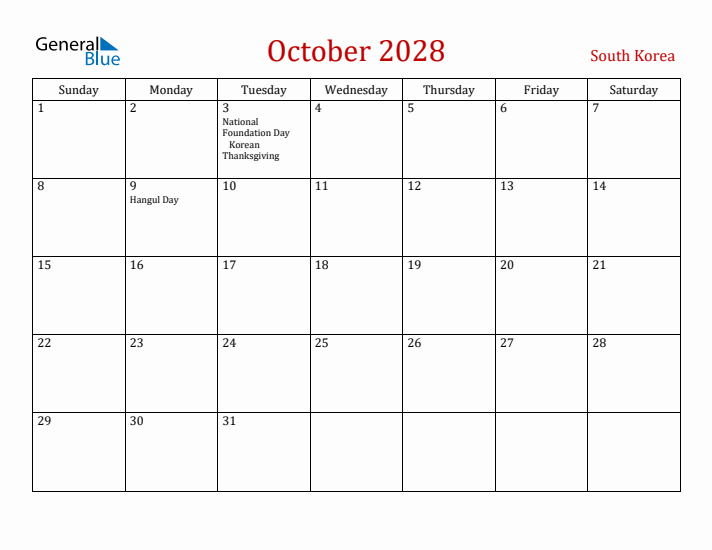 South Korea October 2028 Calendar - Sunday Start