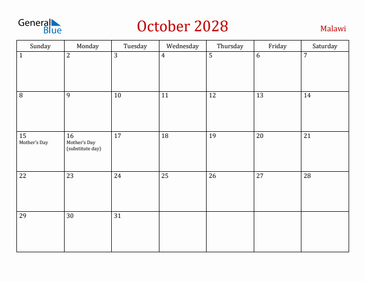 Malawi October 2028 Calendar - Sunday Start