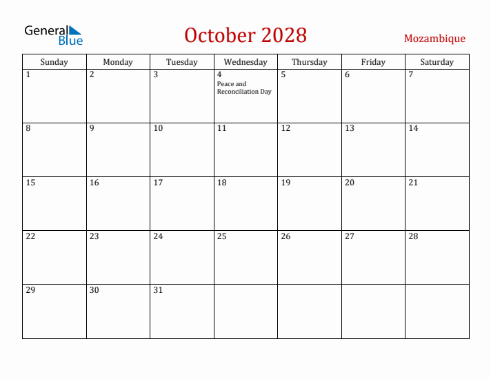 Mozambique October 2028 Calendar - Sunday Start
