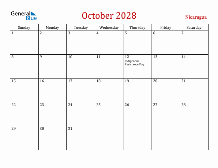 Nicaragua October 2028 Calendar - Sunday Start