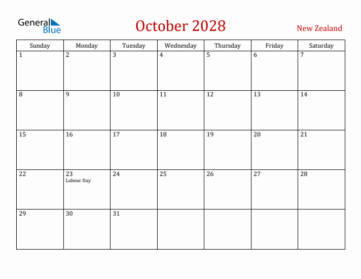 New Zealand October 2028 Calendar - Sunday Start