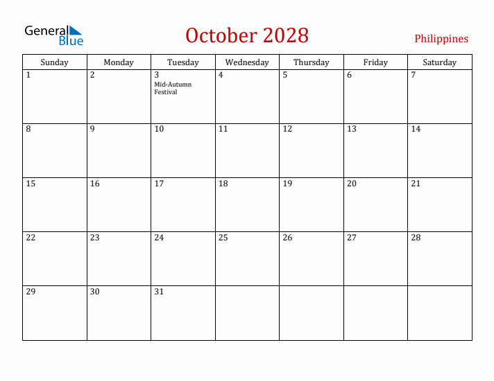 Philippines October 2028 Calendar - Sunday Start