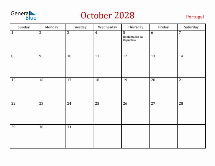 Portugal October 2028 Calendar - Sunday Start