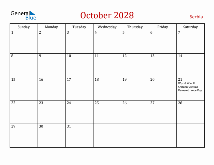 Serbia October 2028 Calendar - Sunday Start