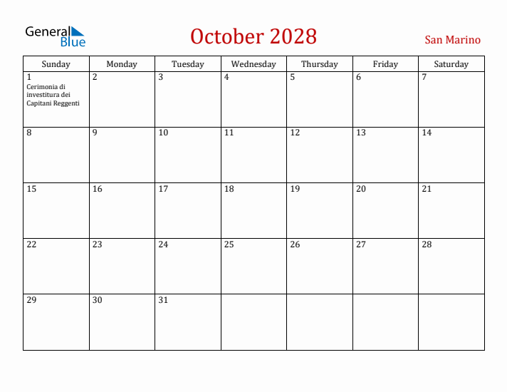 San Marino October 2028 Calendar - Sunday Start