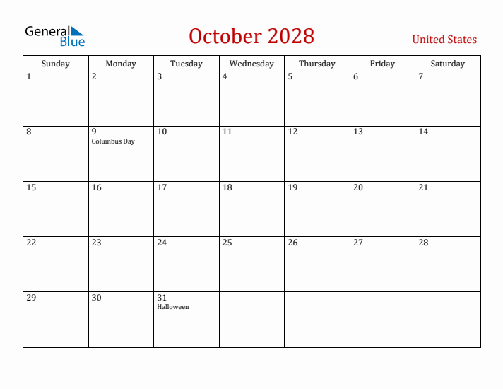 United States October 2028 Calendar - Sunday Start