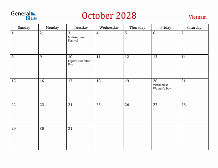 Vietnam October 2028 Calendar - Sunday Start