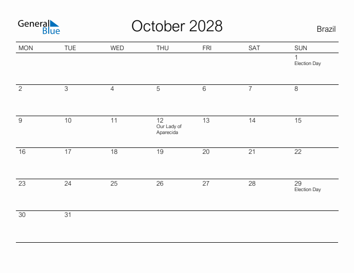 Printable October 2028 Calendar for Brazil