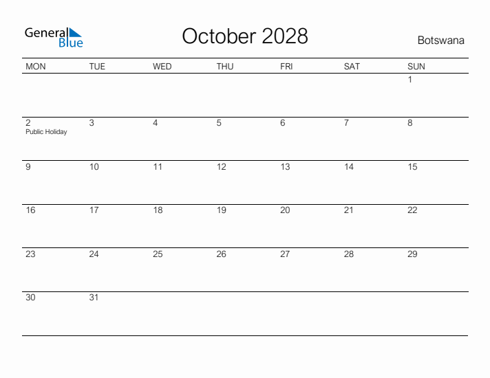 Printable October 2028 Calendar for Botswana