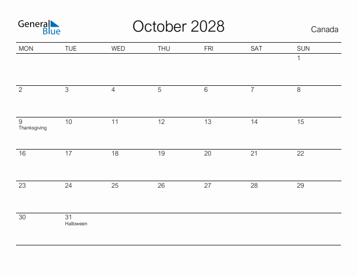 Printable October 2028 Calendar for Canada