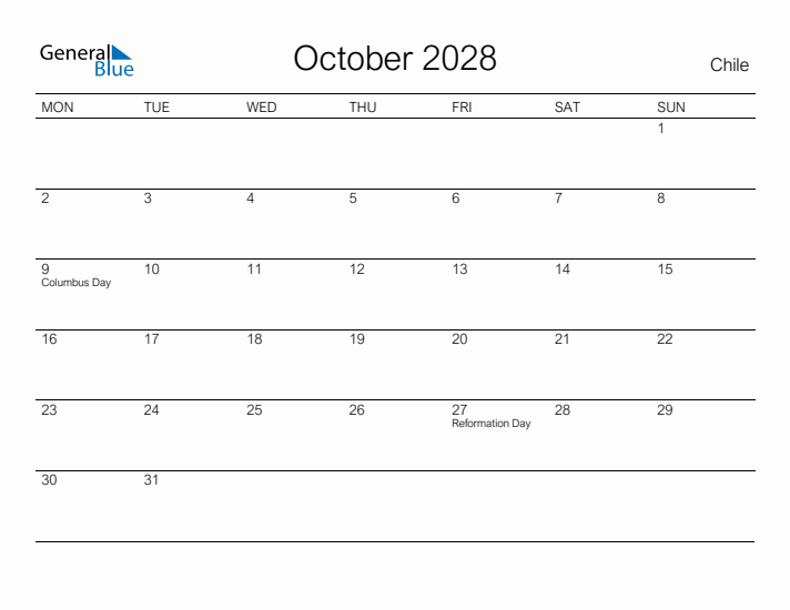 Printable October 2028 Calendar for Chile
