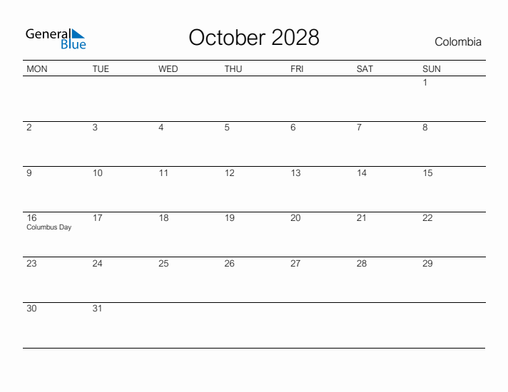 Printable October 2028 Calendar for Colombia