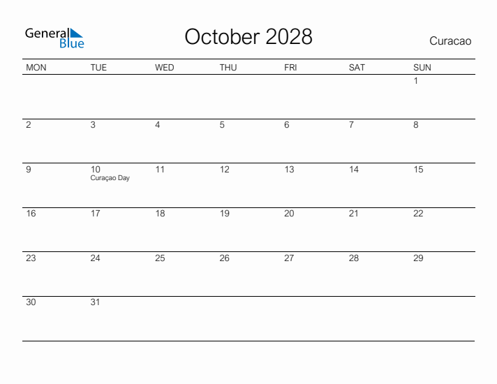Printable October 2028 Calendar for Curacao