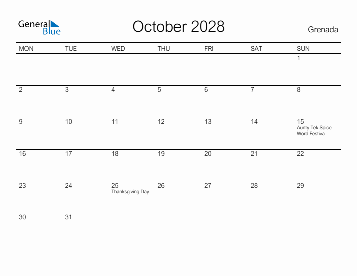 Printable October 2028 Calendar for Grenada