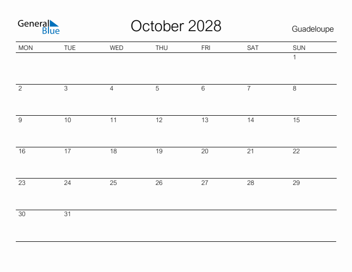 Printable October 2028 Calendar for Guadeloupe