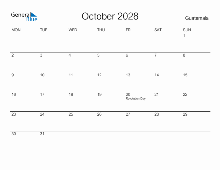 Printable October 2028 Calendar for Guatemala
