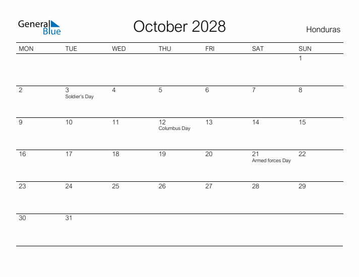 Printable October 2028 Calendar for Honduras