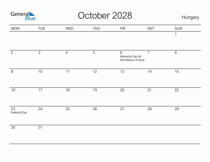 Printable October 2028 Calendar for Hungary