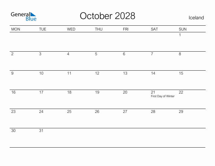 Printable October 2028 Calendar for Iceland