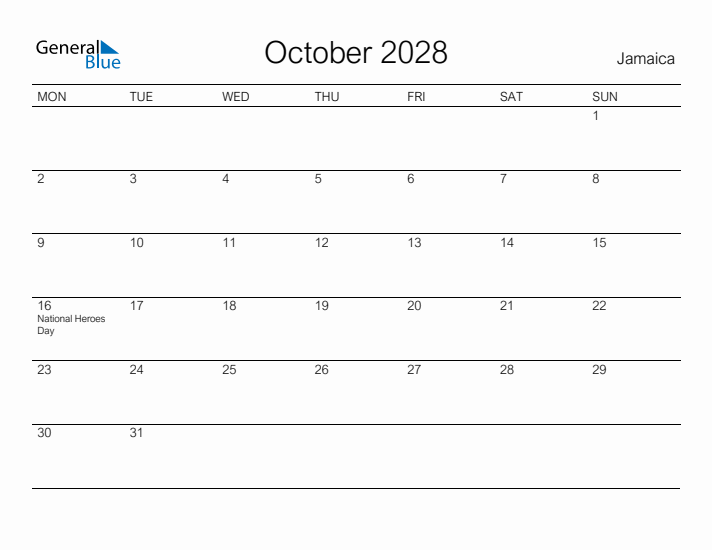 Printable October 2028 Calendar for Jamaica