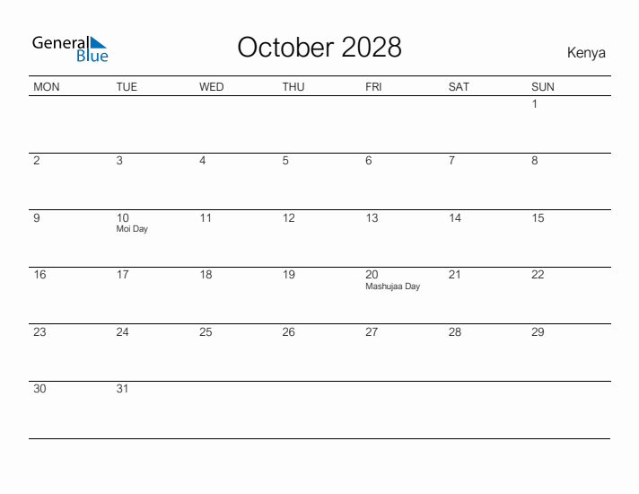Printable October 2028 Calendar for Kenya