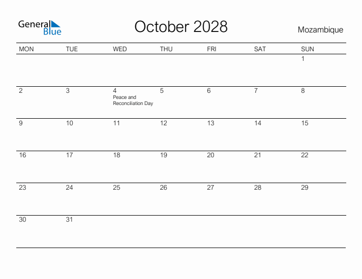 Printable October 2028 Calendar for Mozambique