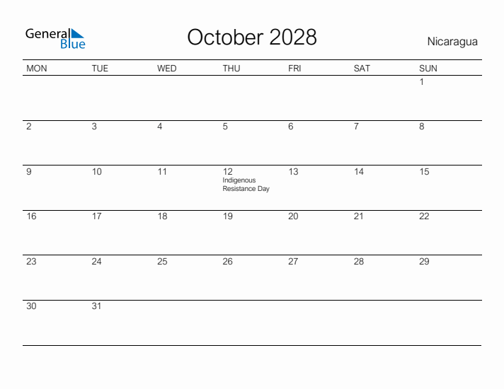 Printable October 2028 Calendar for Nicaragua