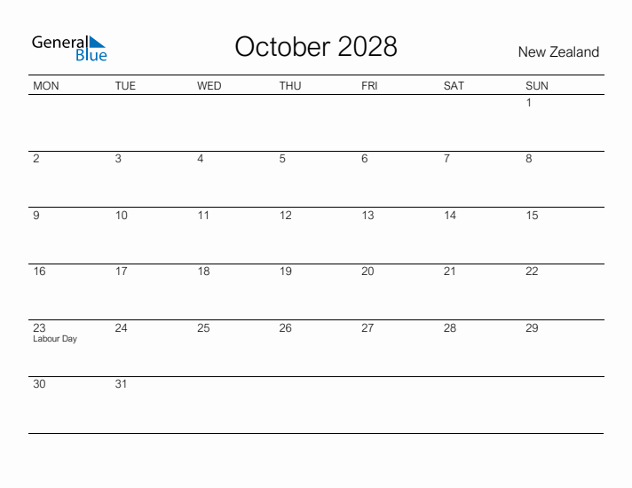 Printable October 2028 Calendar for New Zealand