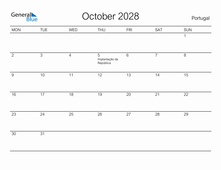 Printable October 2028 Calendar for Portugal