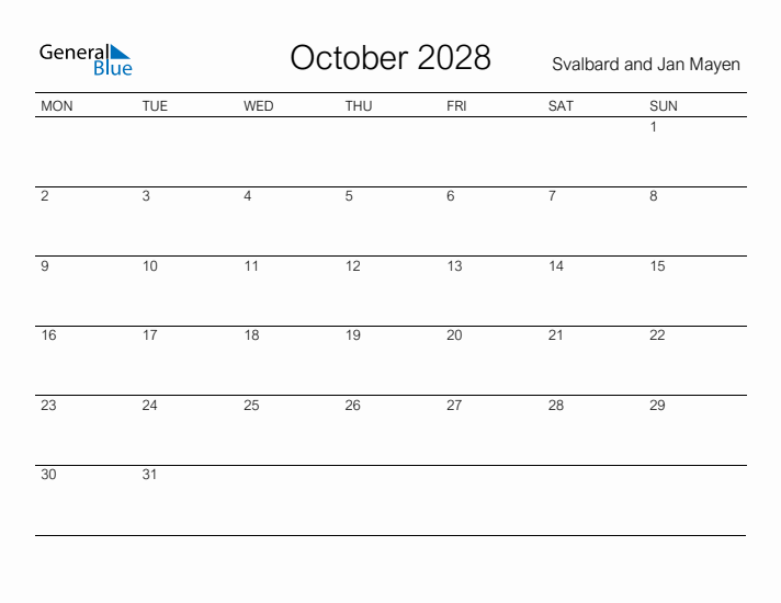 Printable October 2028 Calendar for Svalbard and Jan Mayen