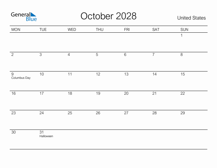 Printable October 2028 Calendar for United States