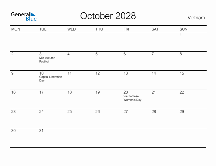 Printable October 2028 Calendar for Vietnam