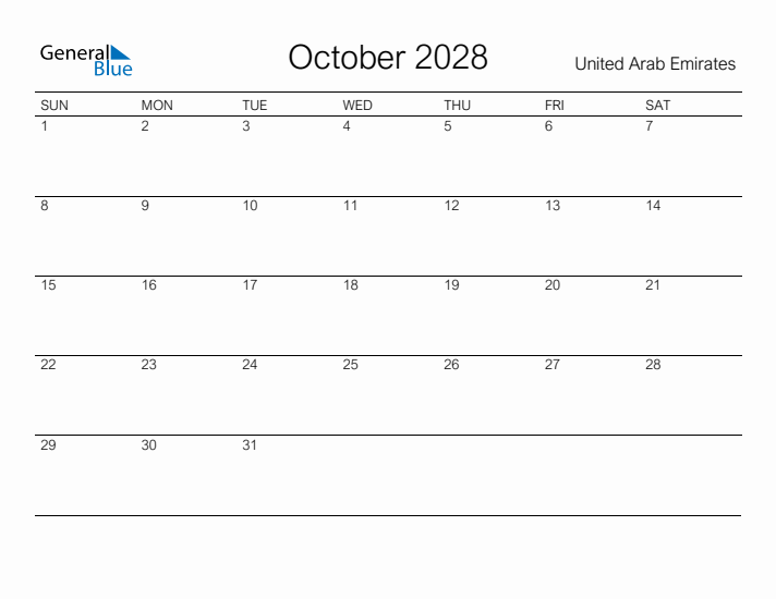 Printable October 2028 Calendar for United Arab Emirates